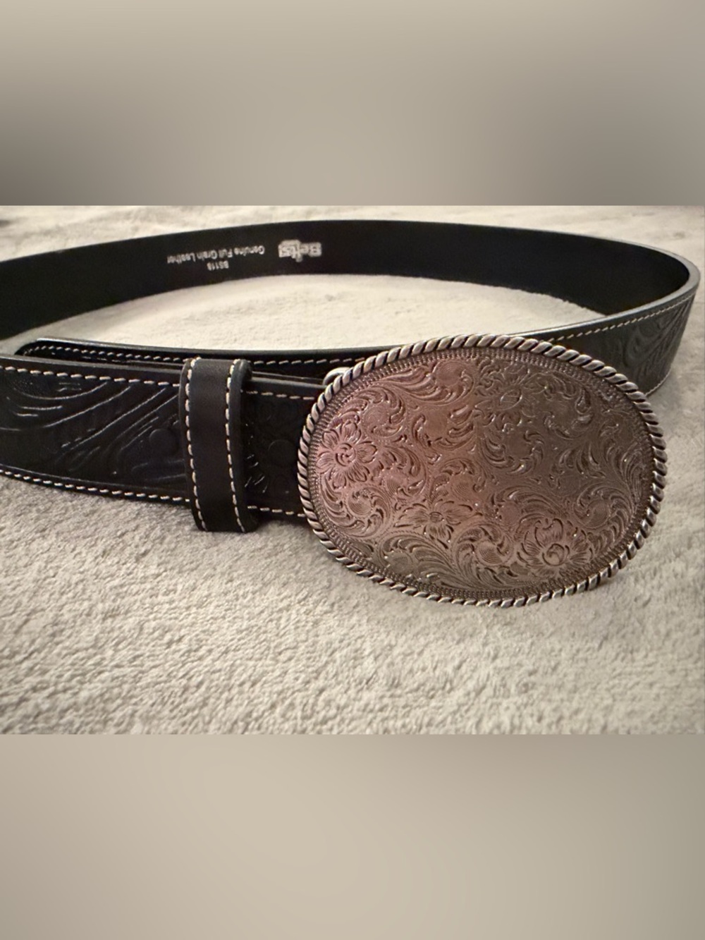 Men's Black Tooled Leather Belt with Ornate Silver-Tone Buckle